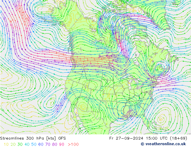 Linea di flusso 300 hPa GFS ven 27.09.2024 15 UTC