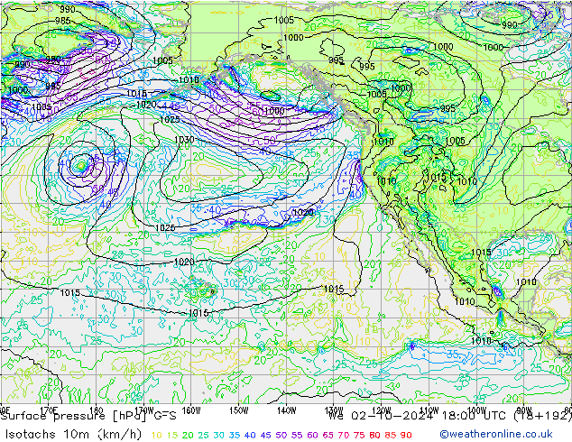 Izotacha (km/godz) GFS śro. 02.10.2024 18 UTC