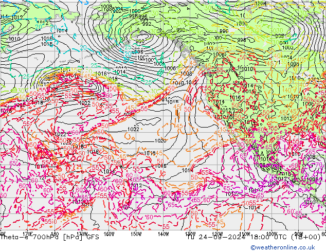 Theta-e 700hPa GFS Tu 24.09.2024 18 UTC