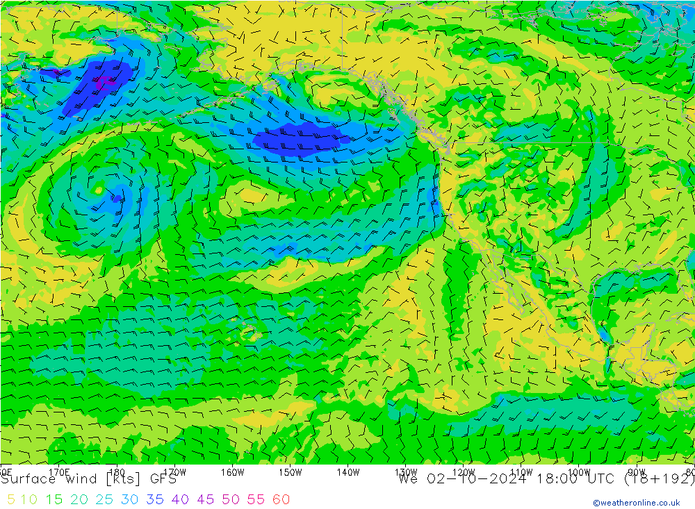 Surface wind GFS We 02.10.2024 18 UTC