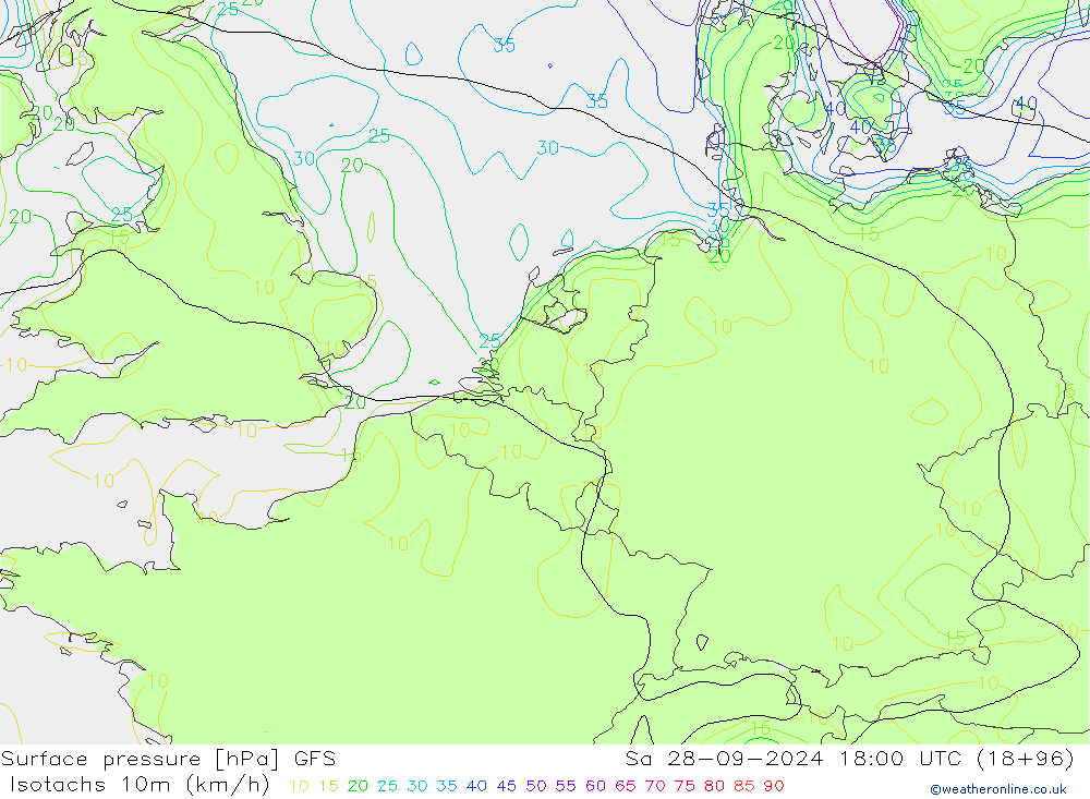 Isotachs (kph) GFS  28.09.2024 18 UTC