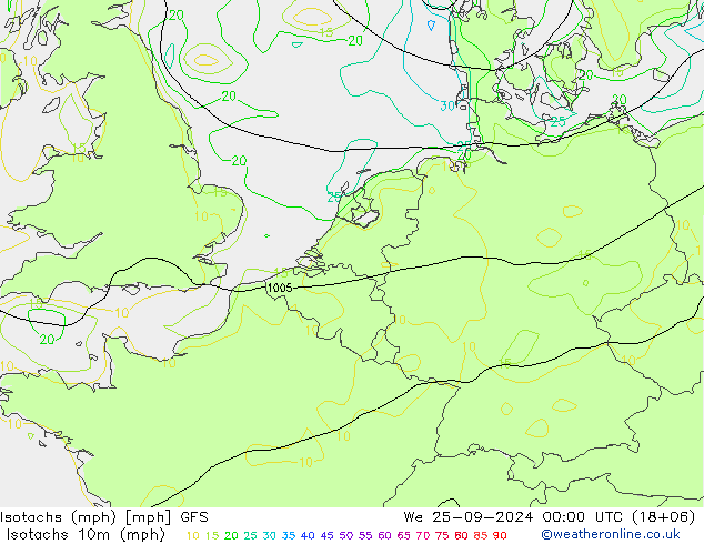 Isotachs (mph) GFS mer 25.09.2024 00 UTC