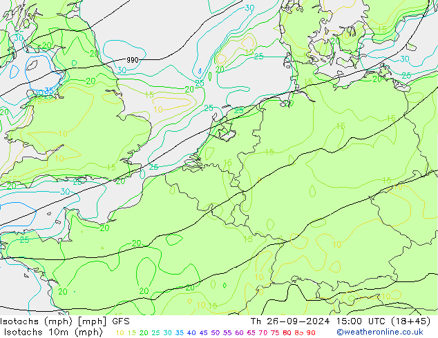 Isotachs (mph) GFS Th 26.09.2024 15 UTC