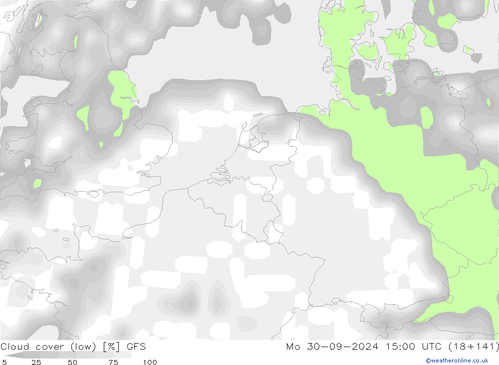 Cloud cover (low) GFS Mo 30.09.2024 15 UTC