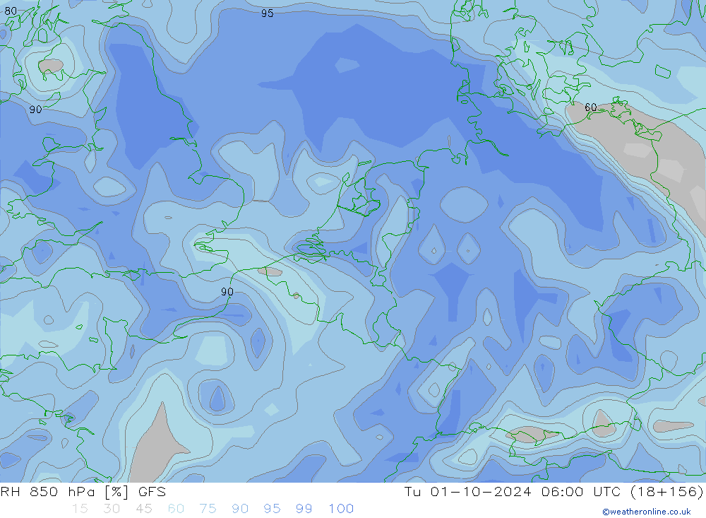 Humedad rel. 850hPa GFS mar 01.10.2024 06 UTC