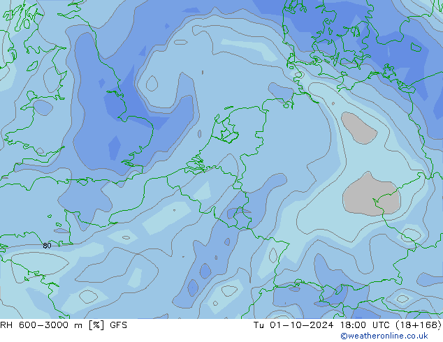 RH 600-3000 m GFS Tu 01.10.2024 18 UTC