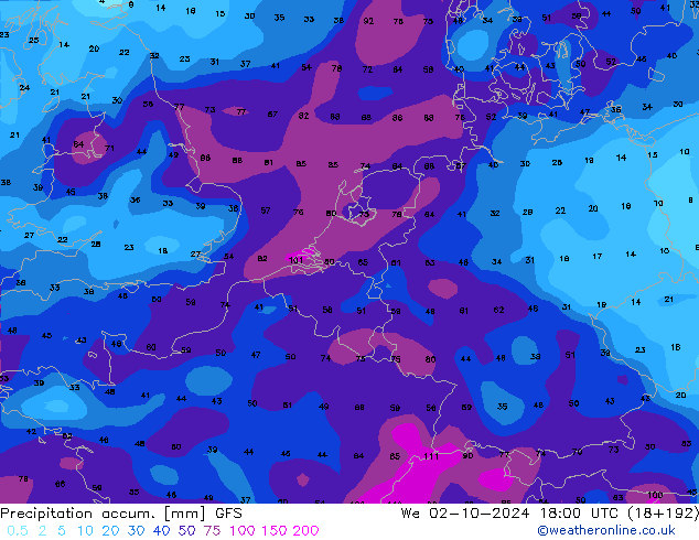 Precipitation accum. GFS  02.10.2024 18 UTC