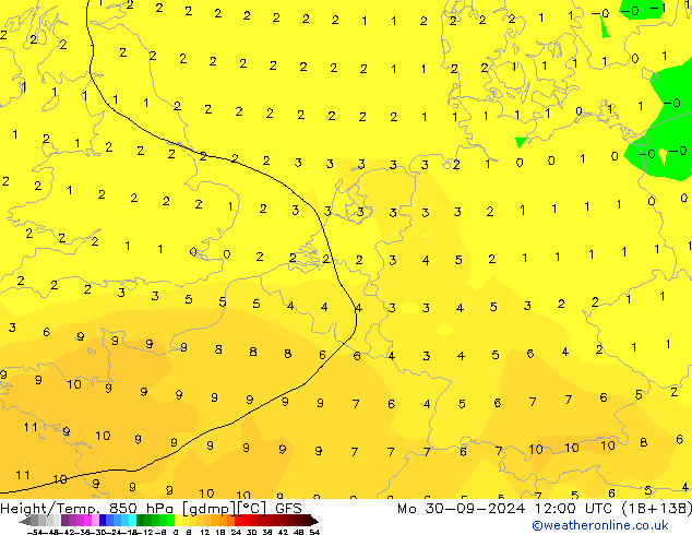 Height/Temp. 850 гПа GFS пн 30.09.2024 12 UTC