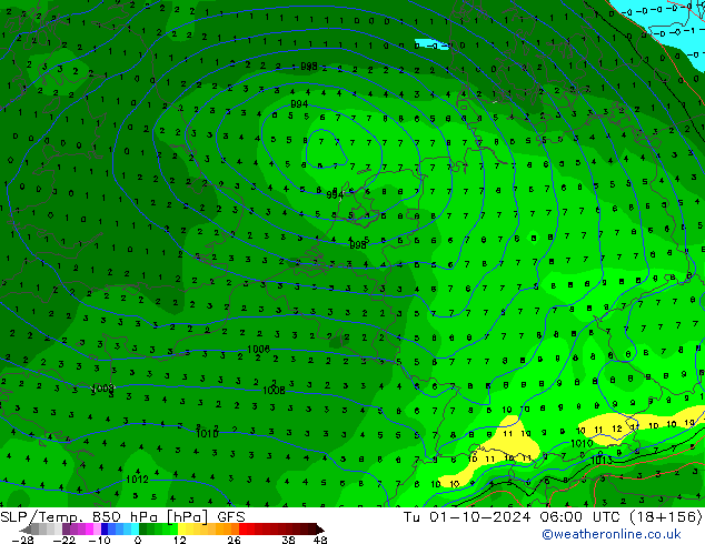 SLP/Temp. 850 hPa GFS Tu 01.10.2024 06 UTC