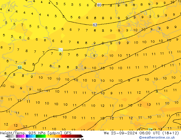 Geop./Temp. 925 hPa GFS mié 25.09.2024 06 UTC