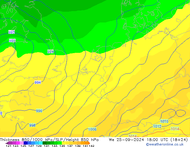 Espesor 850-1000 hPa GFS mié 25.09.2024 18 UTC