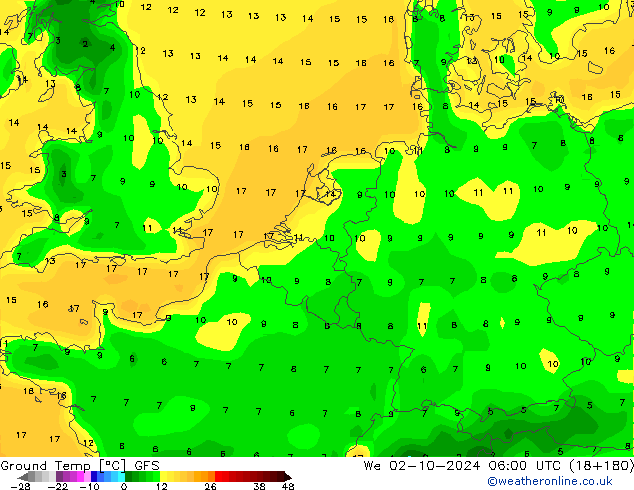 Temperatura del suelo GFS mié 02.10.2024 06 UTC