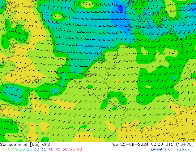 Prec 6h/Wind 10m/950 GFS Mi 25.09.2024 00 UTC