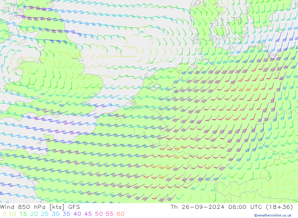 Viento 850 hPa GFS jue 26.09.2024 06 UTC