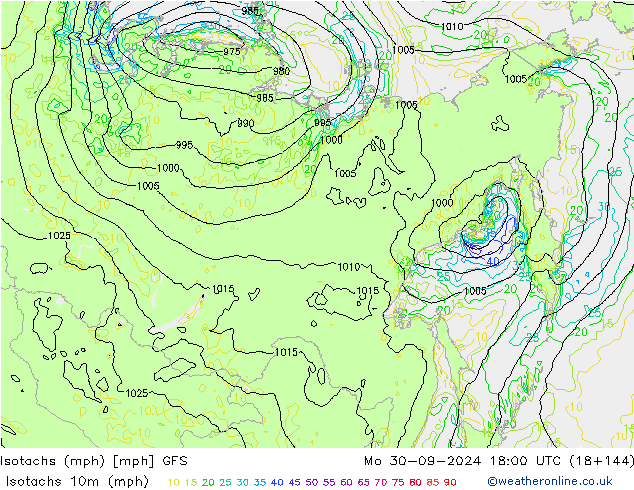 Isotachs (mph) GFS Po 30.09.2024 18 UTC