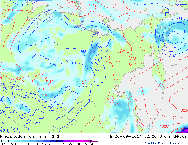 Precipitation (6h) GFS Čt 26.09.2024 06 UTC