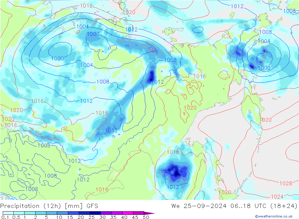 Precipitación (12h) GFS mié 25.09.2024 18 UTC