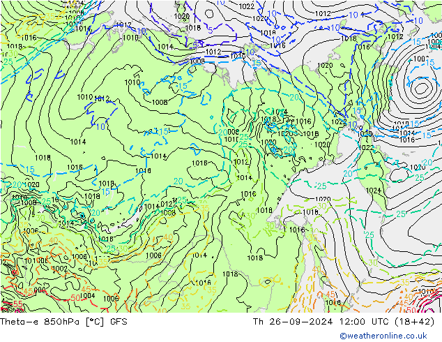 Theta-e 850hPa GFS jue 26.09.2024 12 UTC