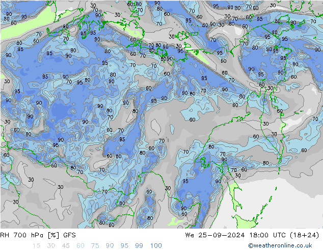 RH 700 hPa GFS We 25.09.2024 18 UTC