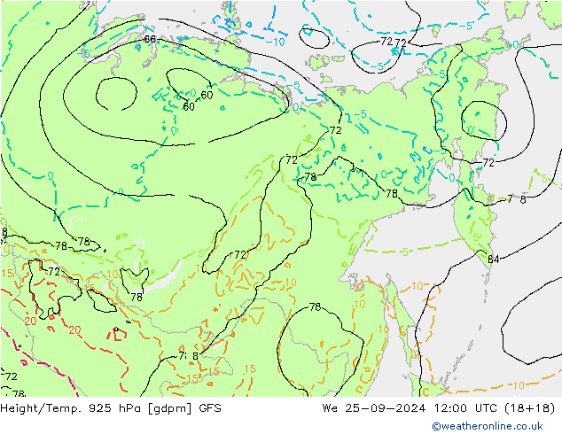 Height/Temp. 925 hPa GFS We 25.09.2024 12 UTC