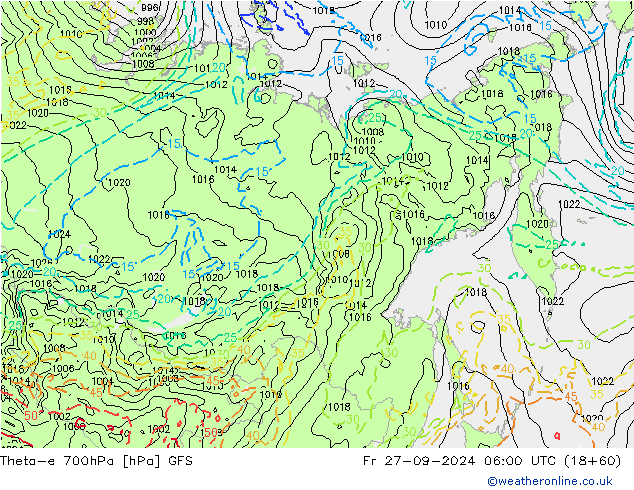 Theta-e 700гПа GFS пт 27.09.2024 06 UTC