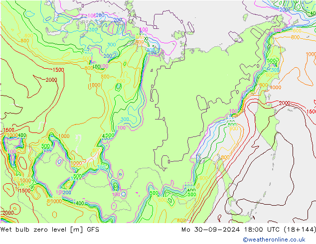 Wet bulb zero level GFS Po 30.09.2024 18 UTC