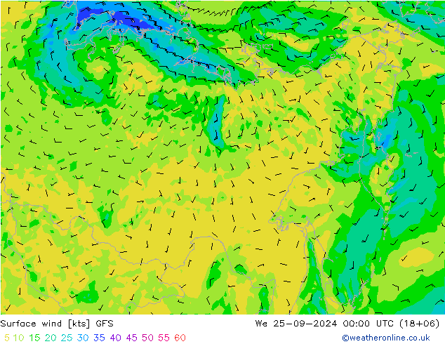 Vento 10 m GFS Qua 25.09.2024 00 UTC