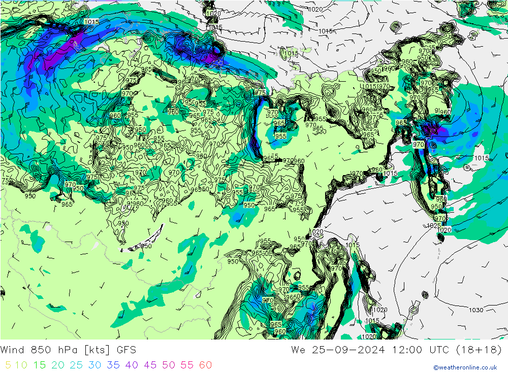 Wind 850 hPa GFS We 25.09.2024 12 UTC