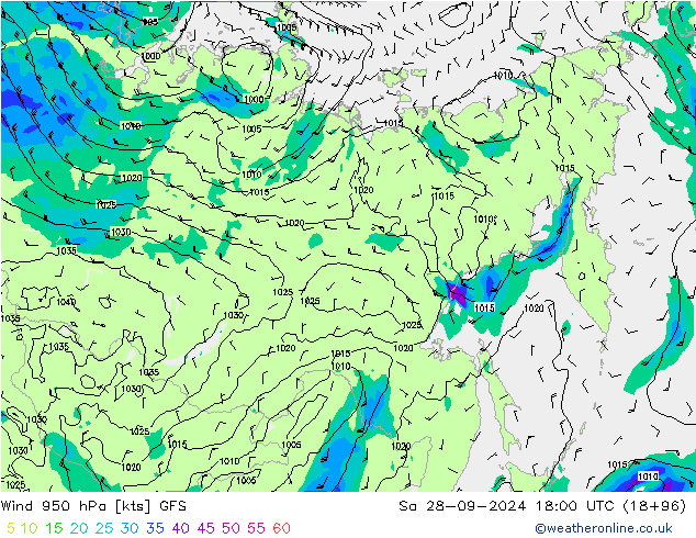 Wind 950 hPa GFS Sa 28.09.2024 18 UTC