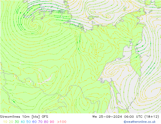 Streamlines 10m GFS We 25.09.2024 06 UTC