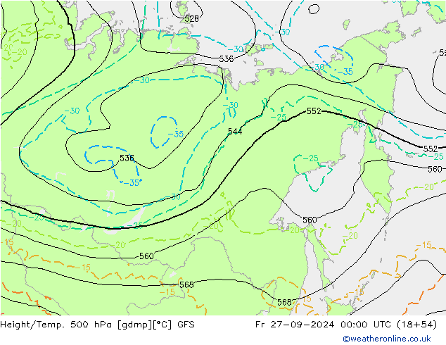 Z500/Rain (+SLP)/Z850 GFS Fr 27.09.2024 00 UTC