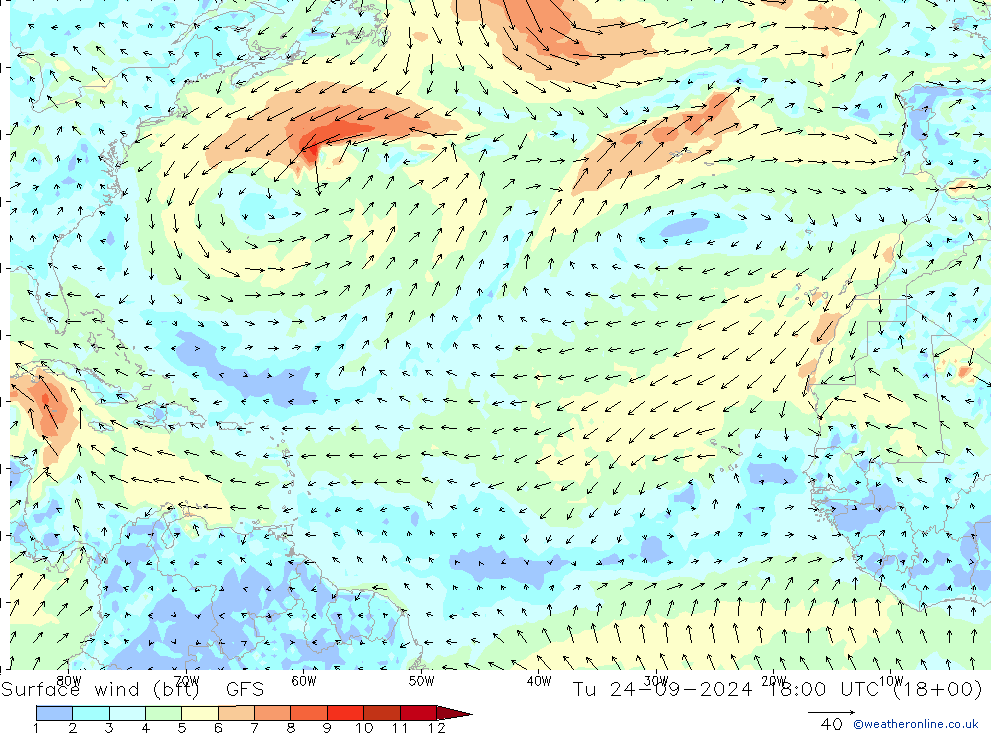 Vento 10 m (bft) GFS mar 24.09.2024 18 UTC