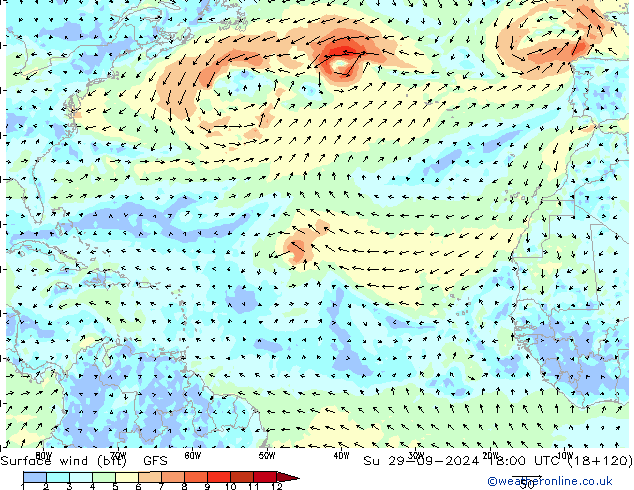 Wind 10 m (bft) GFS zo 29.09.2024 18 UTC