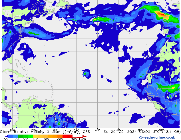 Storm Relative Helicity GFS Su 29.09.2024 06 UTC