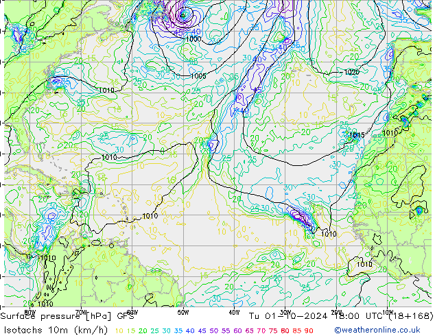 Isotachs (kph) GFS Říjen 2024