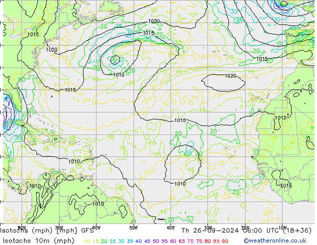 Izotacha (mph) GFS czw. 26.09.2024 06 UTC