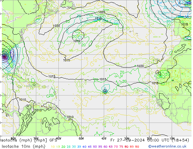 Isotachs (mph) GFS пт 27.09.2024 00 UTC