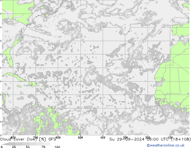 Cloud cover (low) GFS Su 29.09.2024 06 UTC