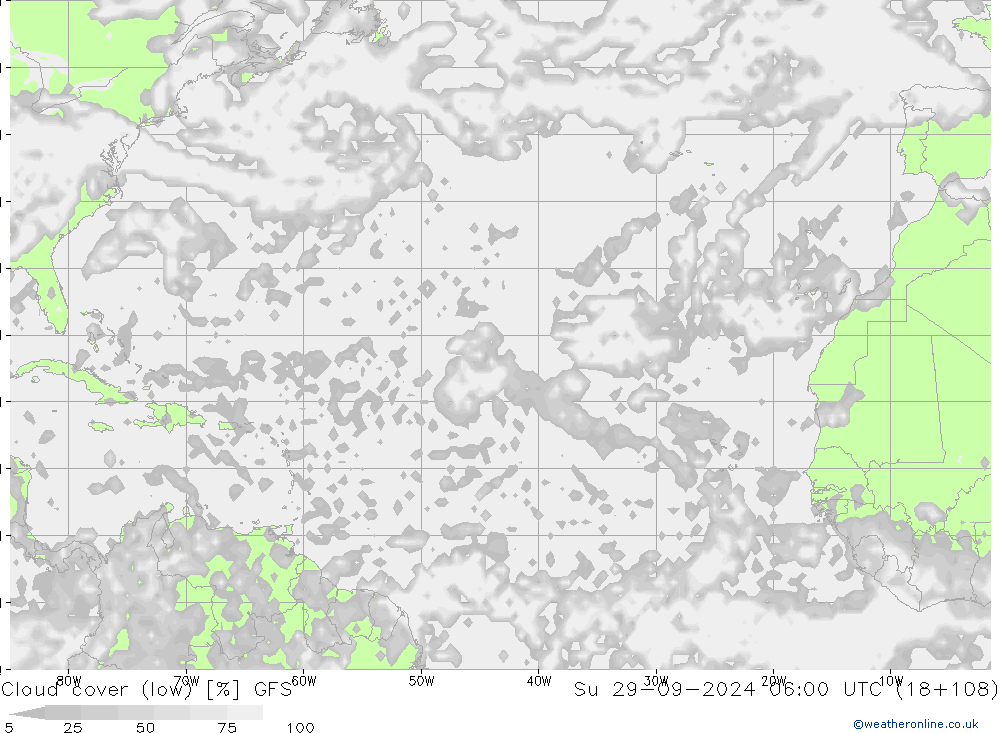 Cloud cover (low) GFS Su 29.09.2024 06 UTC