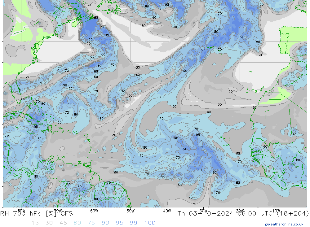 Humidité rel. 700 hPa GFS jeu 03.10.2024 06 UTC