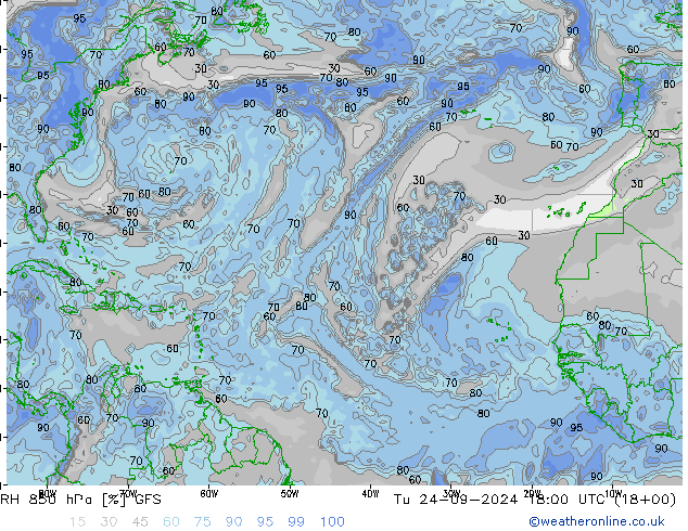 RH 850 hPa GFS Út 24.09.2024 18 UTC