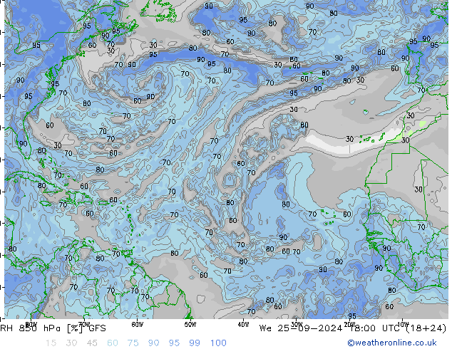 RH 850 hPa GFS Qua 25.09.2024 18 UTC