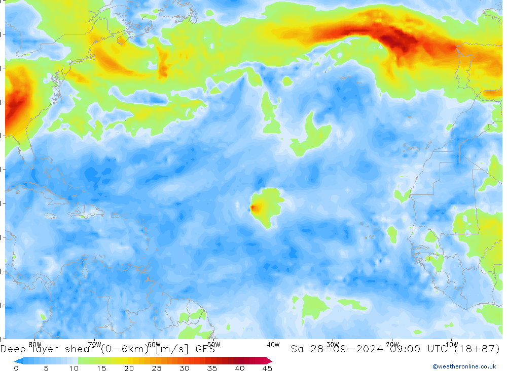 Deep layer shear (0-6km) GFS So 28.09.2024 09 UTC