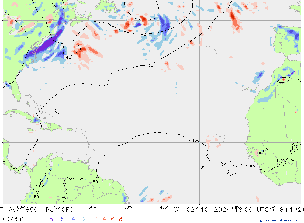 T-Adv. 850 hPa GFS Qua 02.10.2024 18 UTC