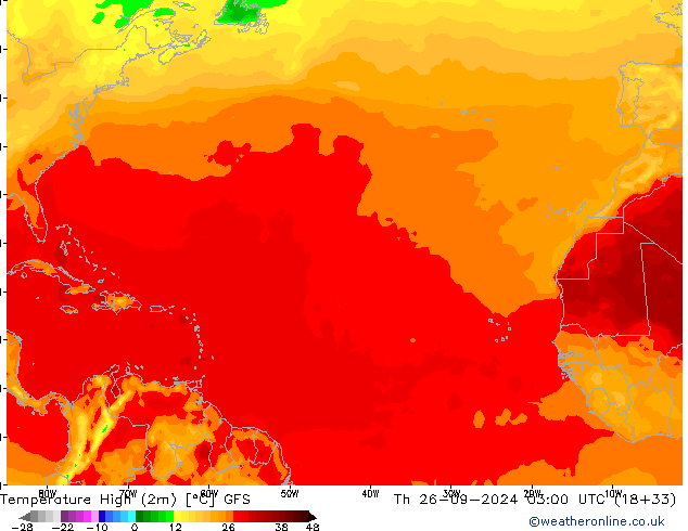 Temperature High (2m) GFS Th 26.09.2024 03 UTC