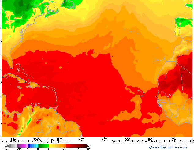 Temperatura mín. (2m) GFS mié 02.10.2024 06 UTC