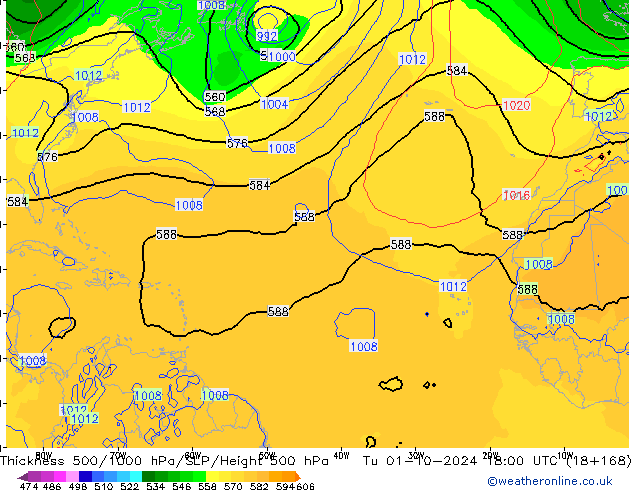 Thck 500-1000гПа GFS вт 01.10.2024 18 UTC