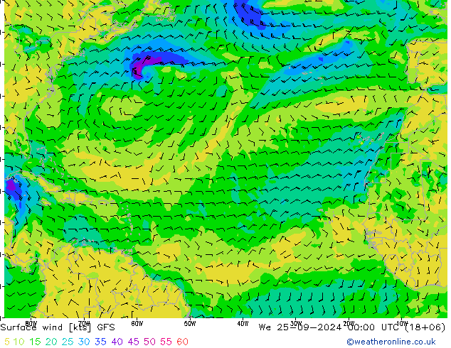 Viento 10 m GFS mié 25.09.2024 00 UTC