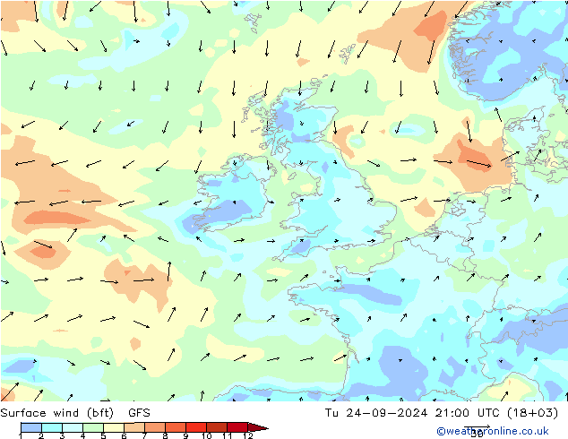 ве�Bе�@ 10 m (bft) GFS вт 24.09.2024 21 UTC