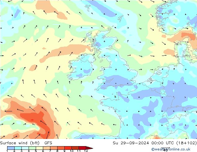 Surface wind (bft) GFS Ne 29.09.2024 00 UTC